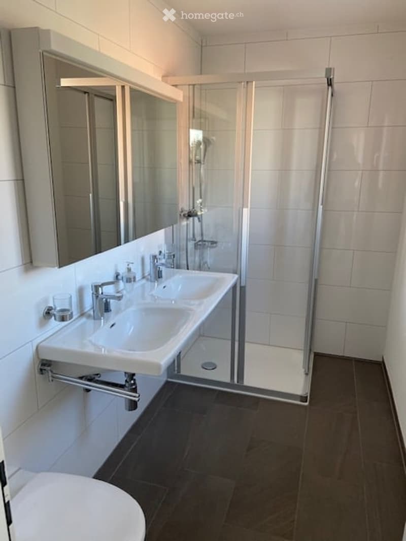 Modern bathroom with a double sink, large mirror, glass-enclosed shower, and dark wooden flooring.