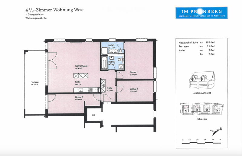 Floor plan of a 4.5-room apartment on the first floor, including living/dining area, kitchen, three bedrooms, bathroom, shower/WC, and terrace.