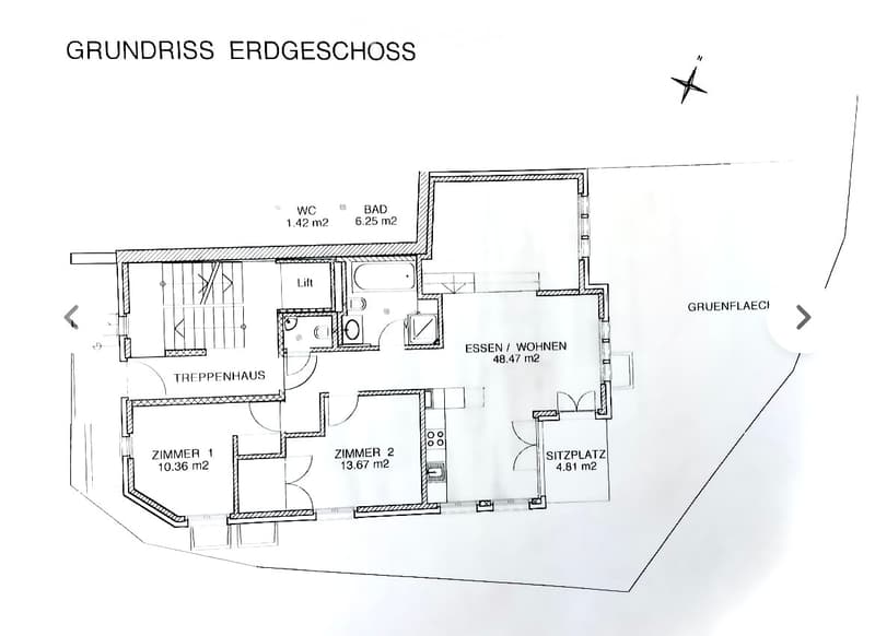Ground floor floor plan showing a dining/living area, two bedrooms, a bathroom, a WC, a staircase house, and a seating area.