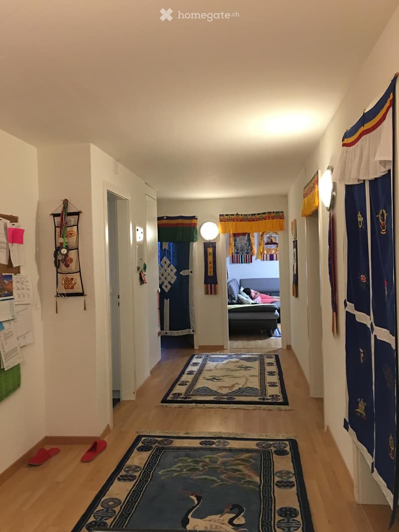 A narrow hallway with wooden flooring, two decorative rugs, and a partially visible living room at the end. The walls are painted white, and there are colorful tapestries and a bulletin board on the left side.