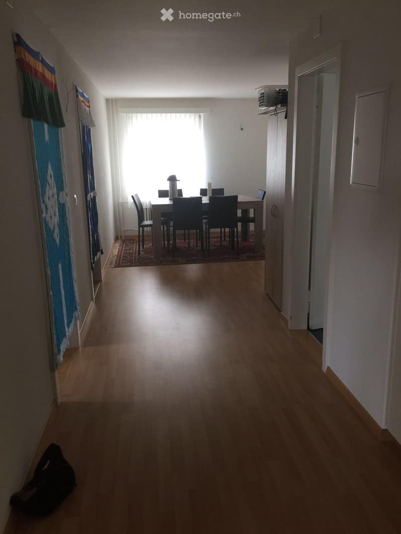 A hallway leading to a dining area with a table and chairs, wooden flooring, and a curtain on the left side.
