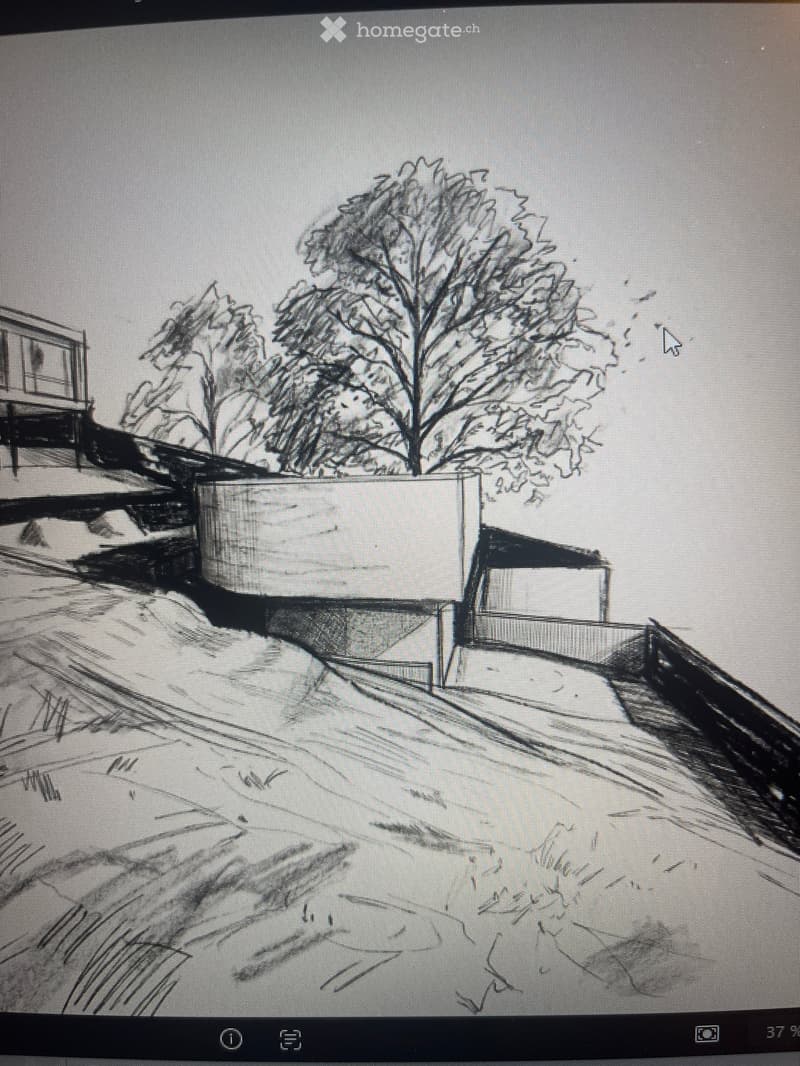 Sketch of a garden or outdoor area with a tree, a raised platform, and a small structure resembling a shed or gazebo.