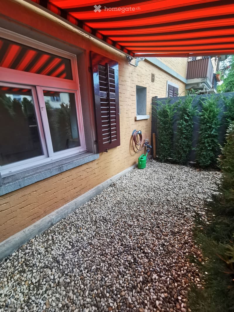 Small garden area with gravel ground, green watering can, hose, and small evergreen trees near a building with shutters and a window.