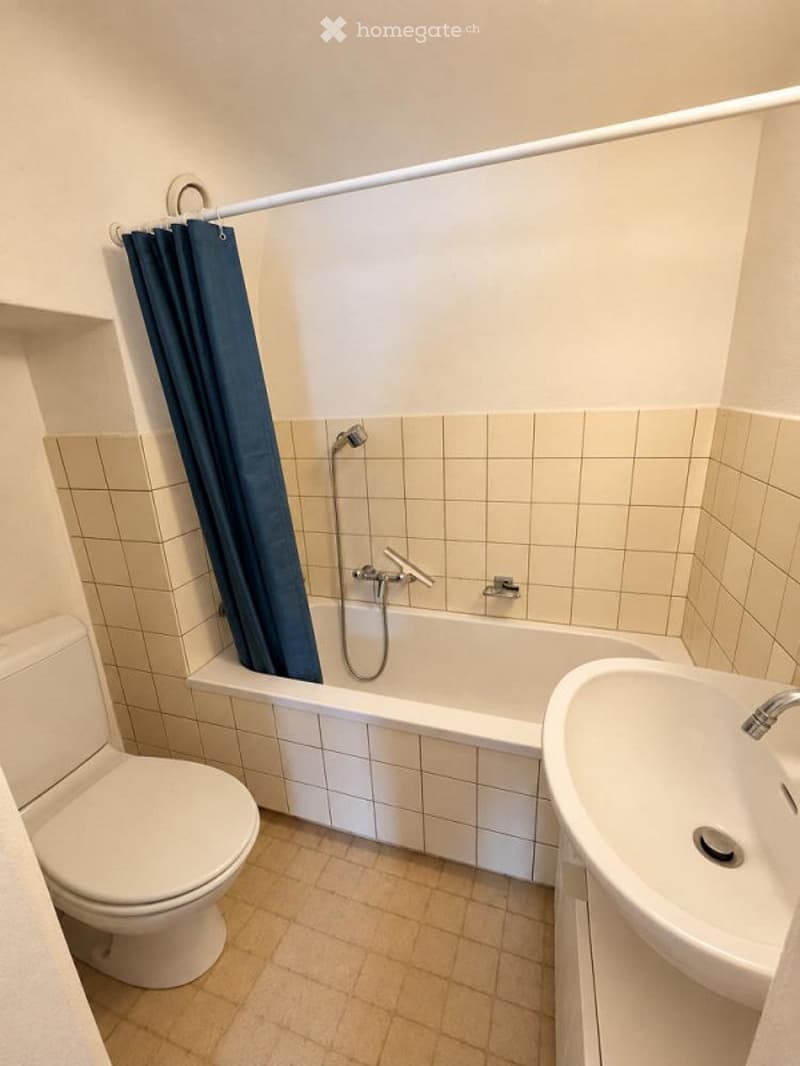 Bathroom with a toilet, bathtub, sink, and a blue shower curtain.