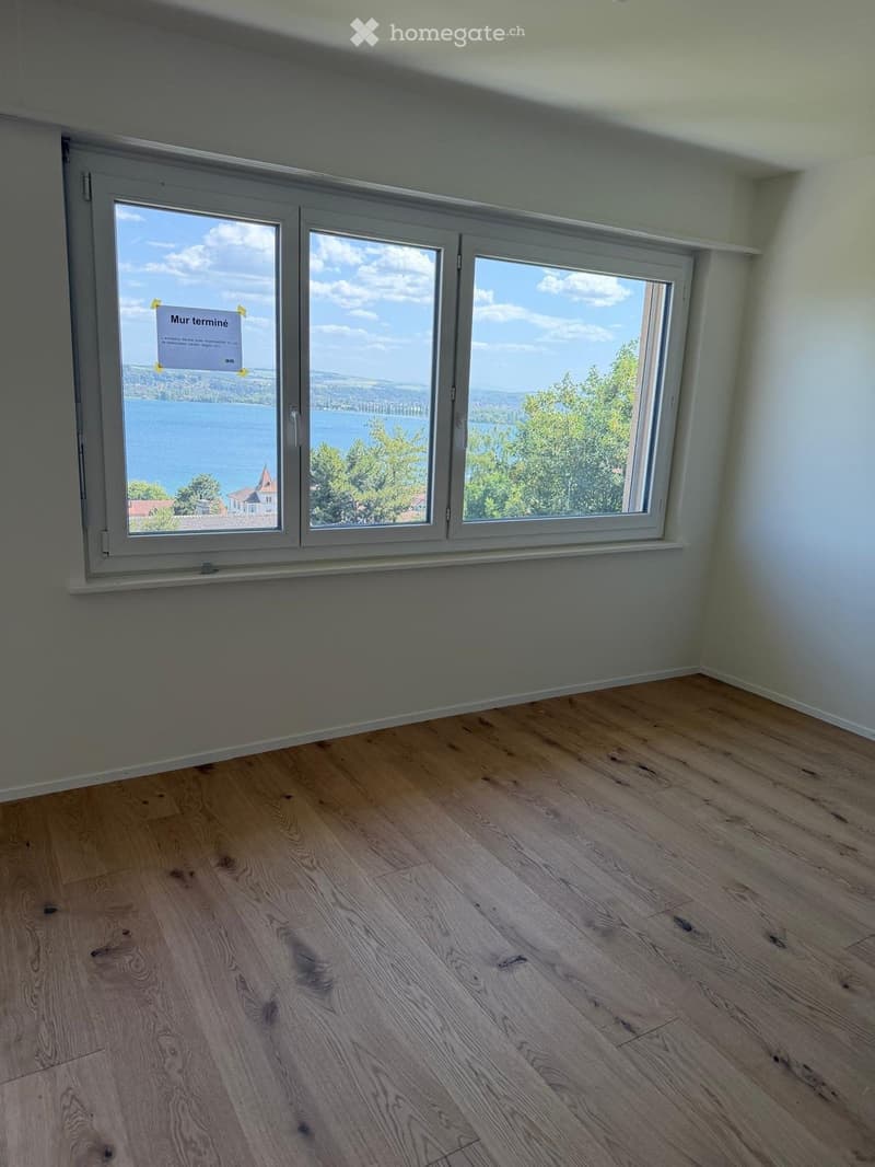Empty room with wooden flooring and large windows offering a scenic view of a lake and surrounding landscape.