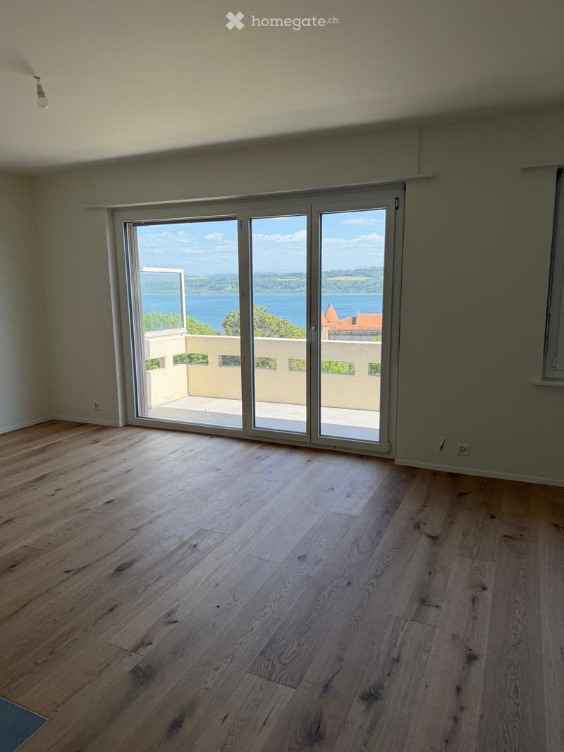 Empty room with wooden flooring, large sliding glass doors leading to a balcony with a scenic lake view.