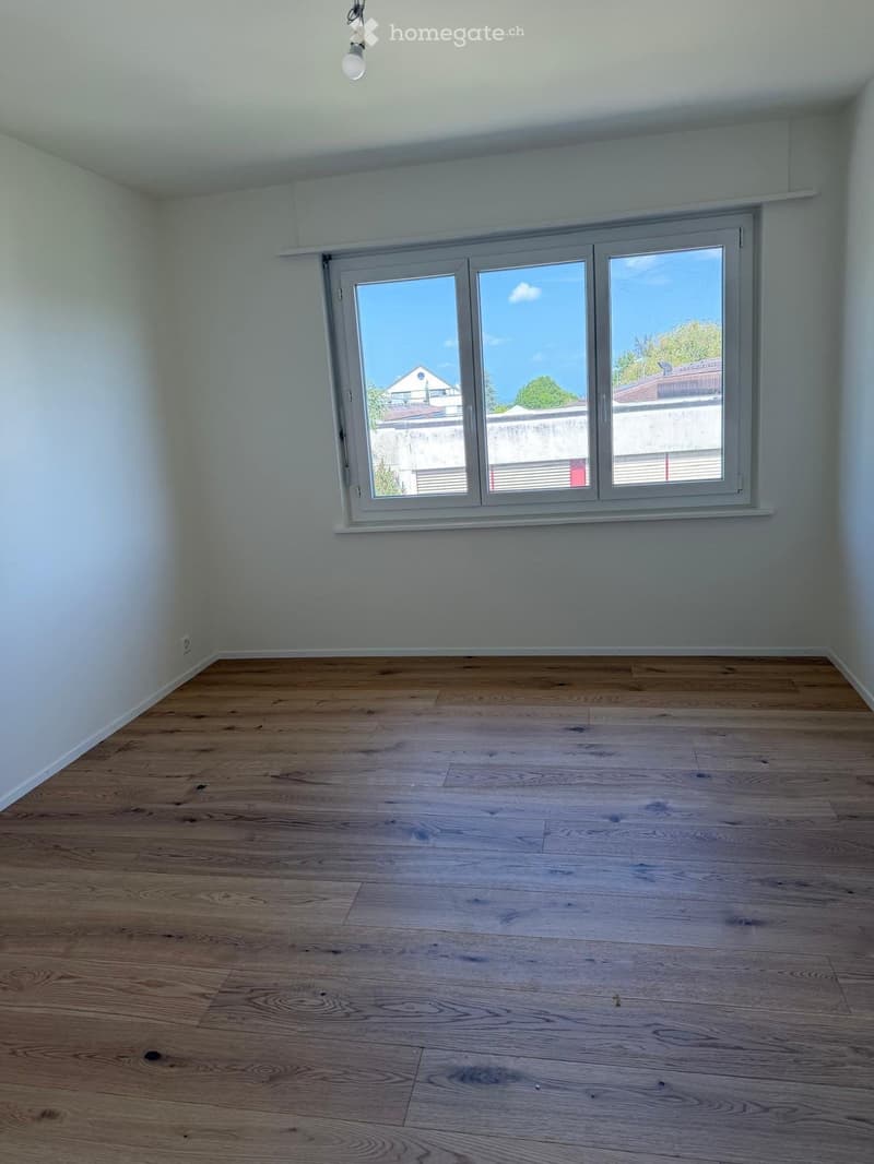 Empty room with light grey walls, wooden flooring, and a large window with white frame and blinds.