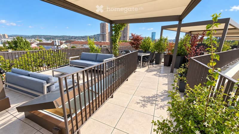 Modern rooftop terrace with grey sofas, a small table, chairs, and several potted plants, overlooking a cityscape.