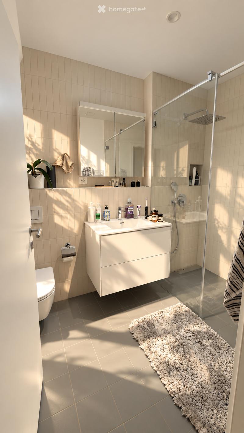 Modern bathroom with a white sink, mirror, toilet, and glass-enclosed shower. Features a fluffy white rug, a potted plant, and various toiletries on the sink counter.