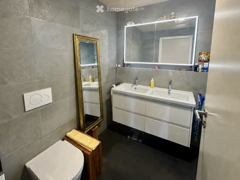 Modern bathroom with double sink, large mirror, toilet, and wooden cabinet. Grey tiled walls and dark flooring.