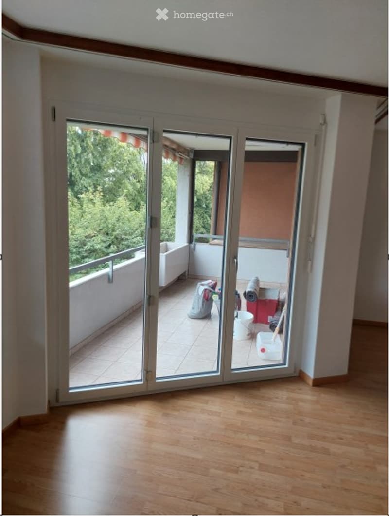 Empty room with wooden flooring, large sliding glass doors leading to a balcony with outdoor furniture and storage items.