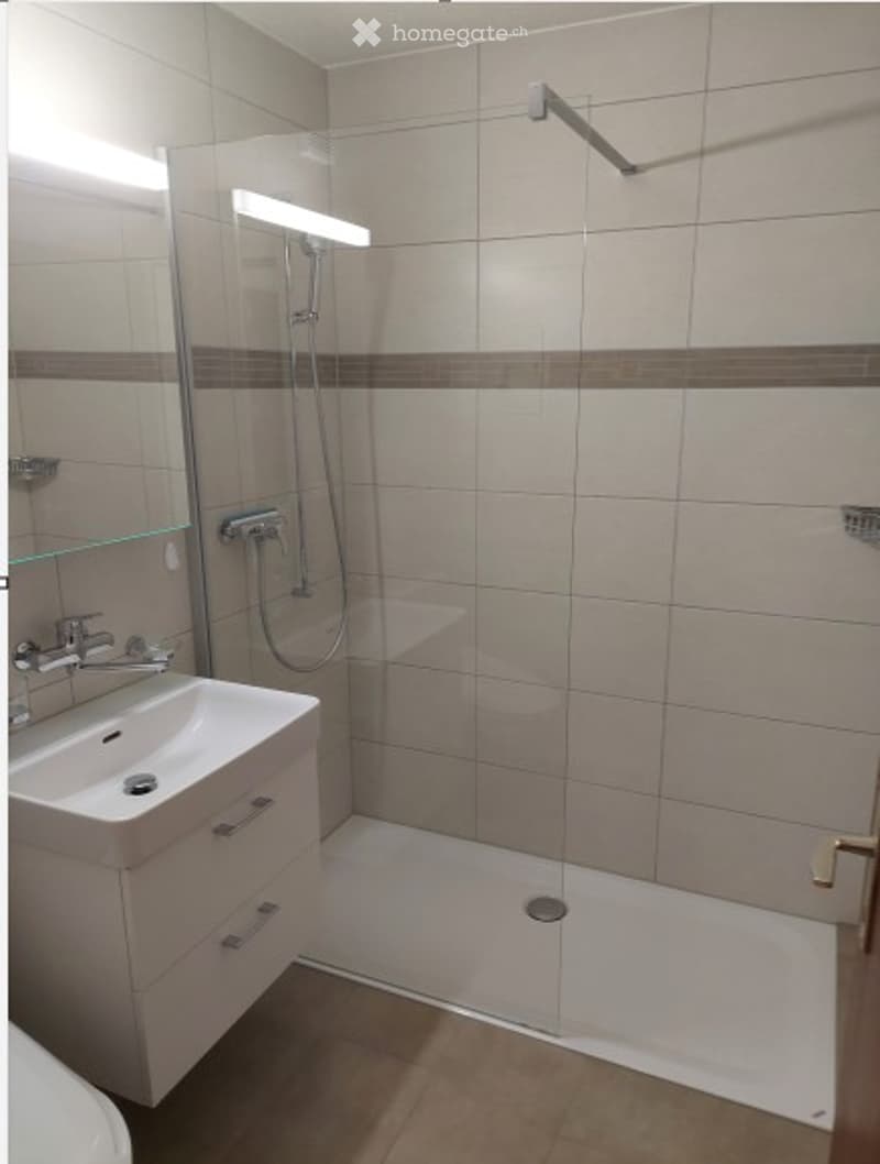 Modern bathroom with a white sink, mirror, and a glass-enclosed shower stall. The walls are tiled in beige with brown accents, and the floor is tiled in brown.