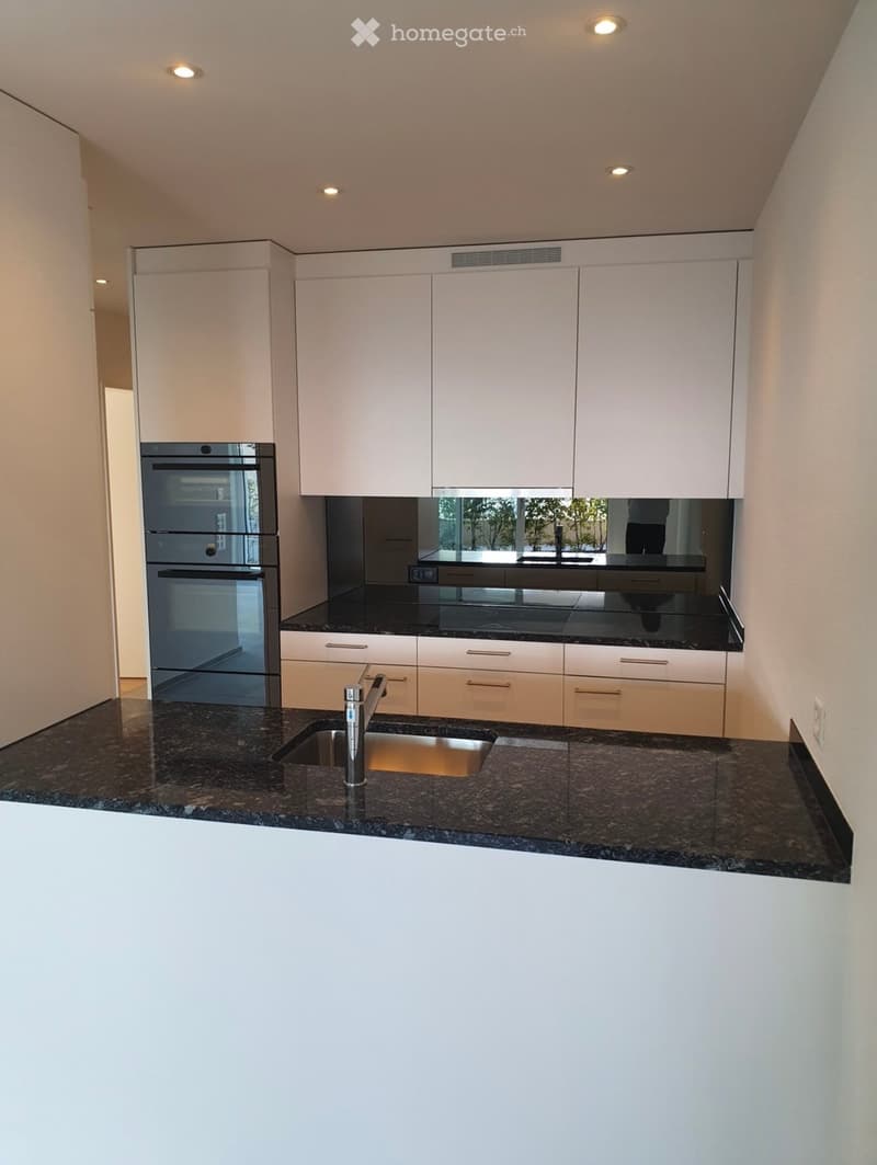 Modern kitchen with white cabinets, granite countertops, stainless steel sink, and built-in oven.