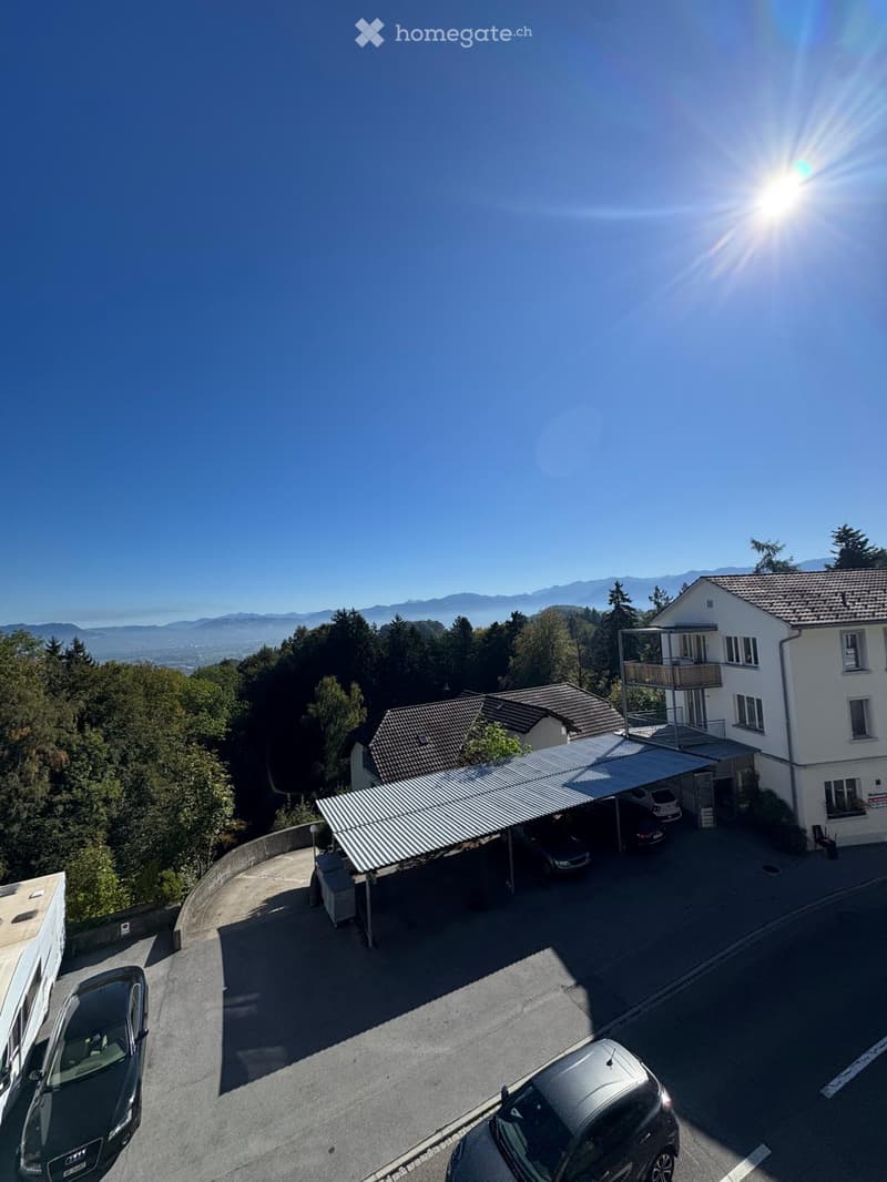 Aerial view of a residential building with a garage, surrounded by trees and a scenic mountain backdrop.