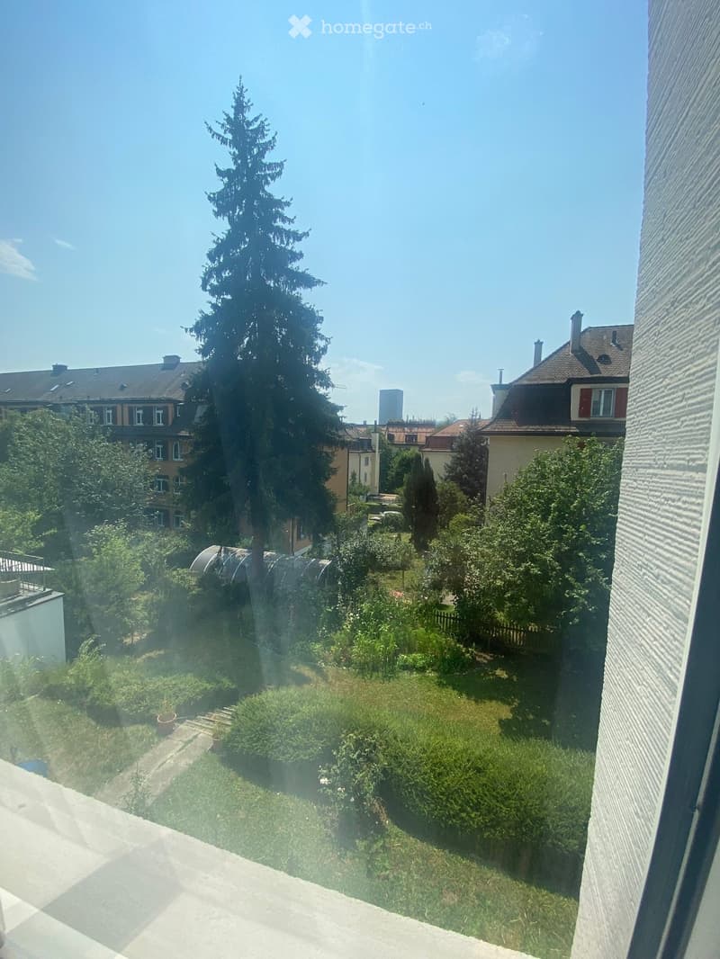 View of a garden with trees, bushes, and a building in the background