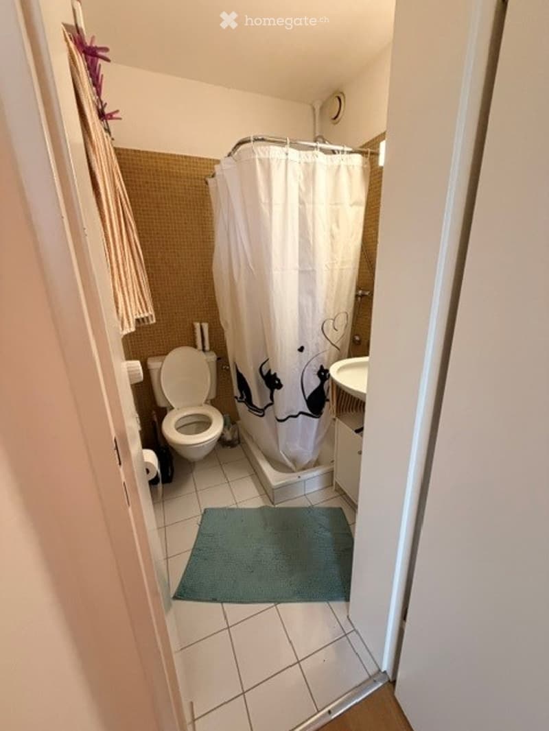 A small bathroom with a toilet, shower curtain, sink, and a green bathroom rug on the floor.