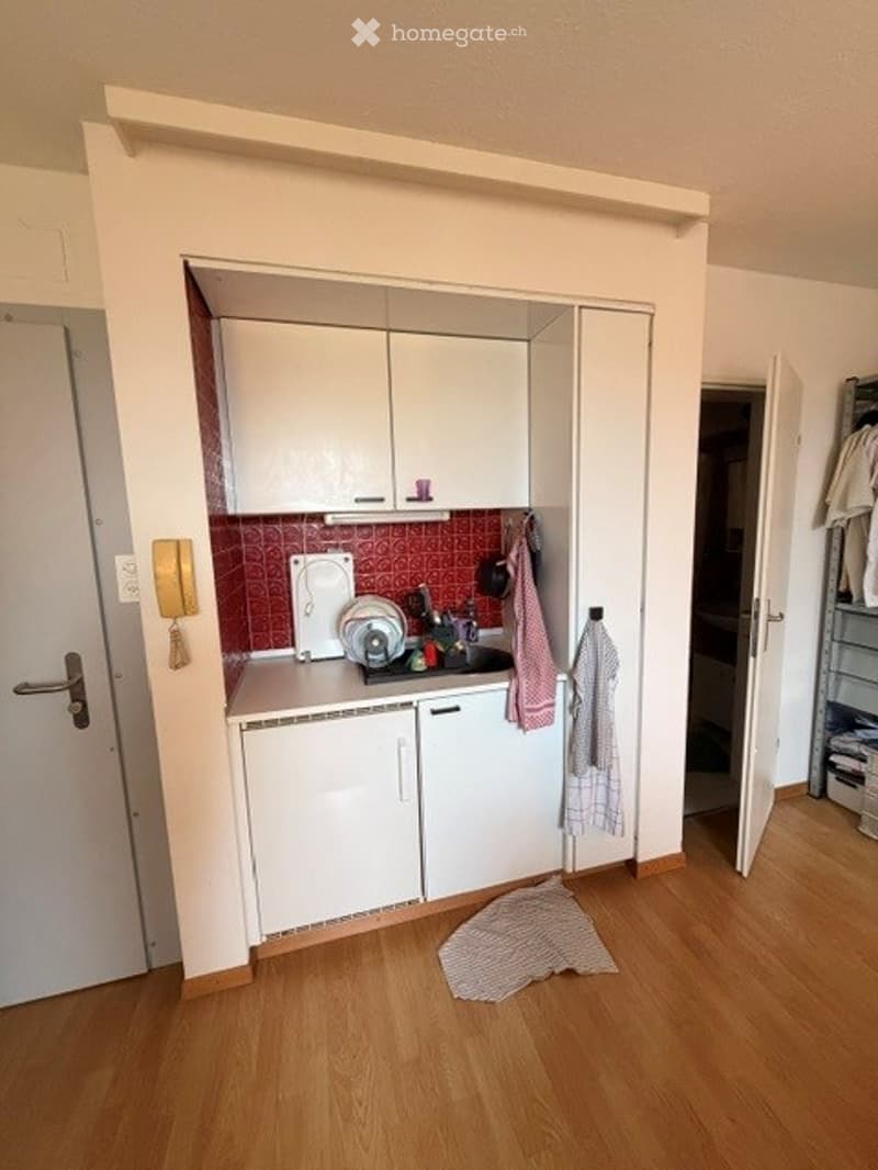 Compact kitchen with white cabinets, red tiled backsplash, wooden flooring, and a small sink area with dishes and utensils.
