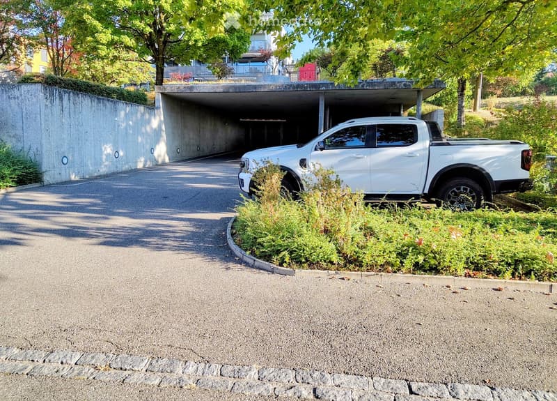 Driveway leading to a modern underground garage with a white pickup truck parked inside, surrounded by greenery and trees.