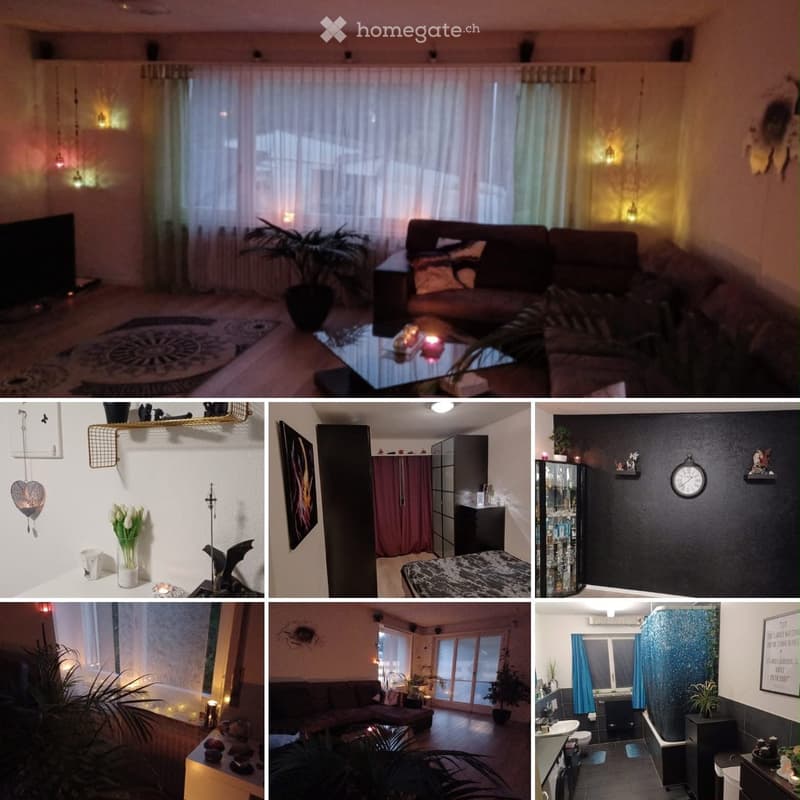 A collage of interior spaces including a living room with a sofa and coffee table, a bedroom with a bed and wardrobe, a bathroom with a sink and toilet, and a hallway with a plant and mirror.