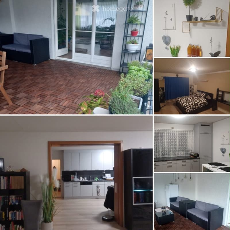 A collage of various furnished rooms including a living room with a sofa and potted plants, a kitchen with cabinets and appliances, and a bedroom with a bed and nightstand.