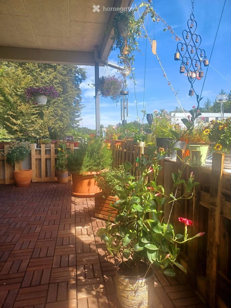 A sunny outdoor area with a brick-paved floor, numerous potted plants, and hanging flower baskets. The space is enclosed by wooden railings and features decorative wind chimes and a clear blue sky in the background.