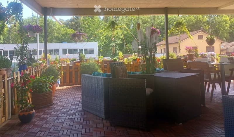 A covered outdoor patio with wooden furniture, potted plants, and a view of a garden and neighboring house.