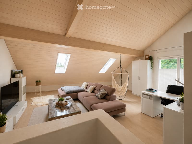 Bright living room with wooden ceiling and floor, large windows, sofa, coffee table, TV stand, office desk, and hanging chair.