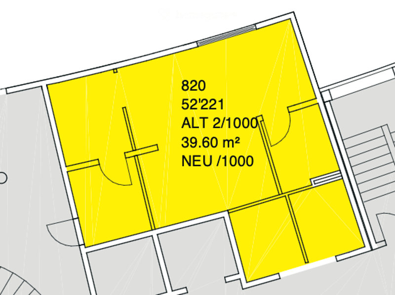 Floor plan of a residential unit showing dimensions and area details, including a highlighted yellow section with measurements and area calculation.
