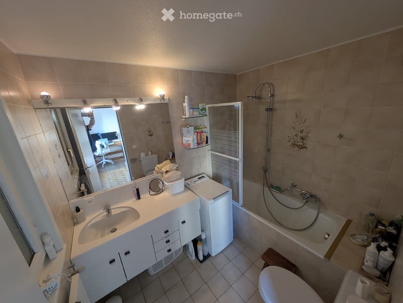 Bathroom with a sink, mirror, bathtub, toilet, and a small washing machine. The room features tiled walls and floor, with a glass shower enclosure and a wooden stool near the bathtub.
