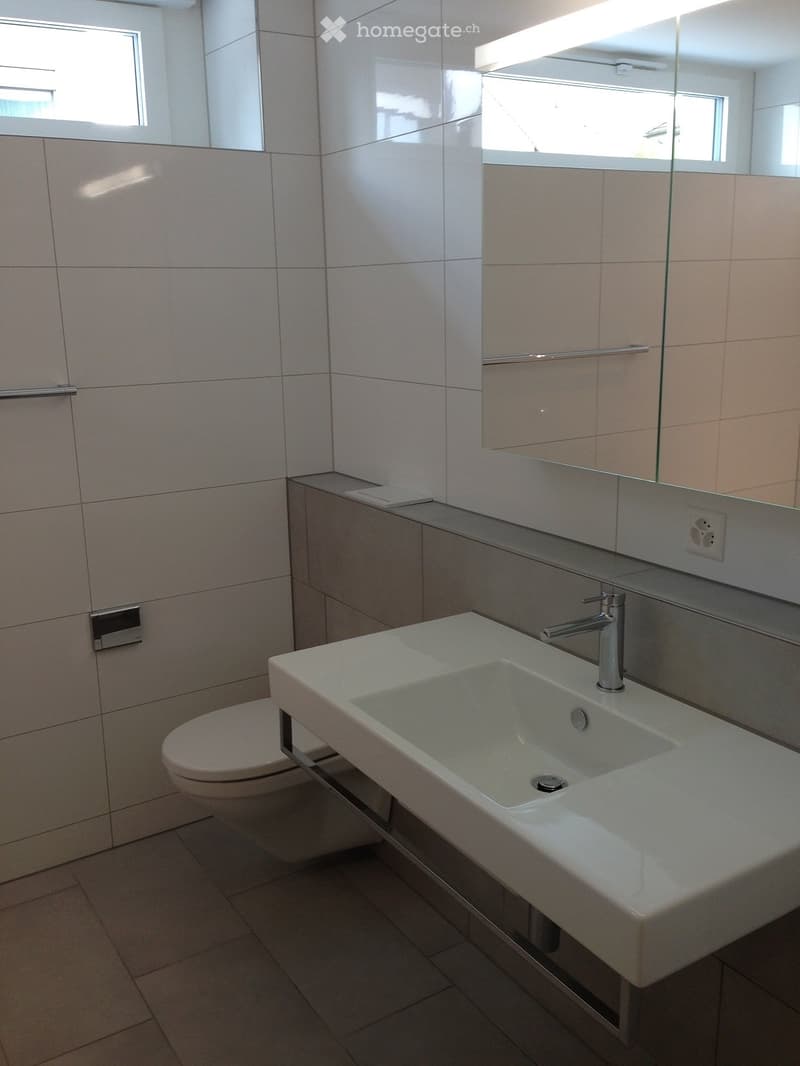 Modern bathroom with a white sink, chrome faucet, toilet, and large mirror above the sink. Light-colored tiles on walls and floor.
