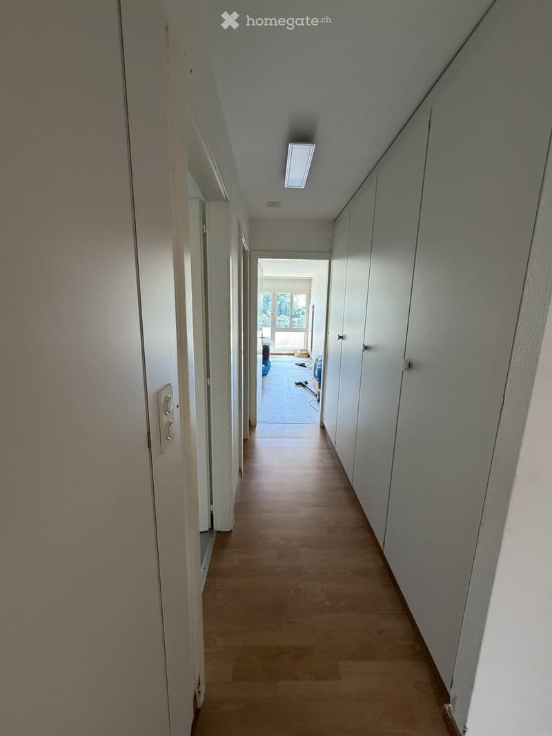 A long, narrow hallway with light wooden flooring, white walls, and a ceiling light fixture. The hallway leads to an open area with large windows and some furniture visible in the distance.