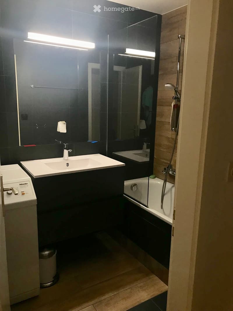 Modern bathroom with a double sink, bathtub with glass enclosure, shower, and a washing machine. Features dark tiles and wooden flooring.