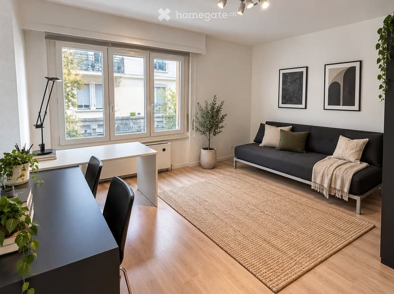 Modern living room with a dark grey sofa, a black coffee table, a white side table, a floor lamp, a woven rug, and potted plants.
