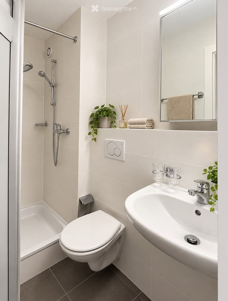 Modern bathroom with white tiles, a toilet, a sink, a bathtub, a mirror, and a small plant on the shelf.