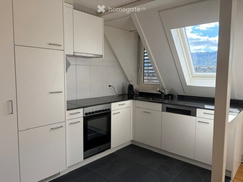 Modern kitchen with white cabinets, black countertops, and stainless steel appliances, including an oven and dishwasher. Features large windows with a view of the mountains.