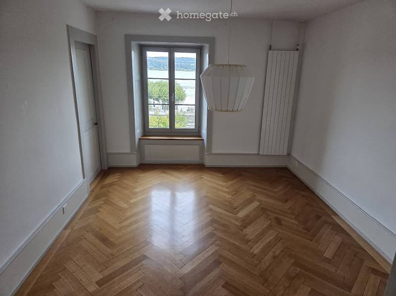 Empty room with wooden herringbone flooring, white walls, large window with view, and a hanging light fixture.