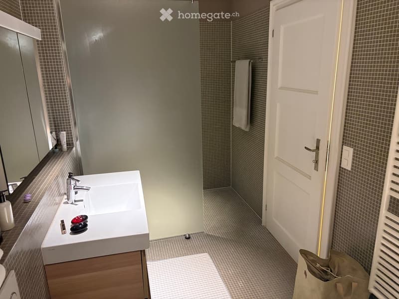 Modern bathroom with a white sink, chrome faucet, tiled walls, and a glass shower enclosure. A towel hangs on the wall, and personal items are placed on the sink counter.