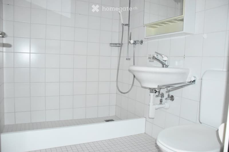 Modern bathroom with white tiled walls and floor, featuring a sink, toilet, shower, and mirror.