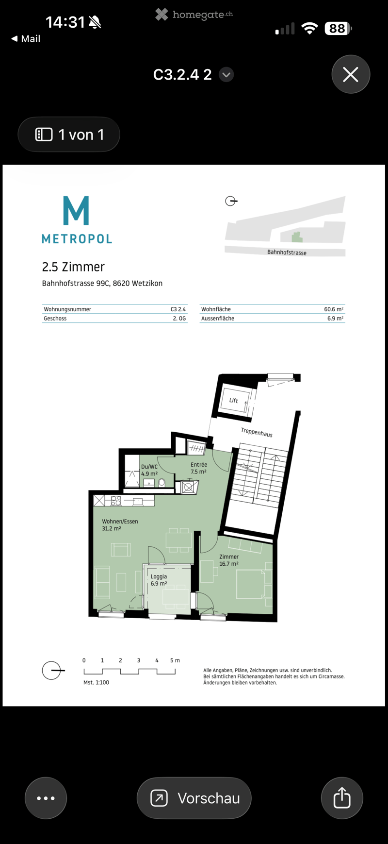 Floor plan of a 2.5-room apartment with a living/dining area, bedroom, bathroom, entrance, and loggia.