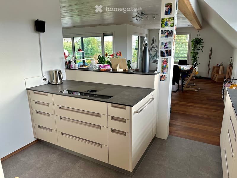 Modern kitchen with a central island, induction cooktop, and ample cabinetry. The space features a grey countertop, white cabinets, and a view of a living area with wooden flooring and a hanging plant.