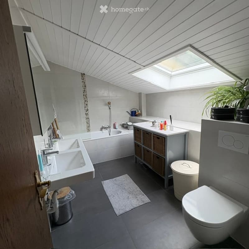 Modern bathroom with a skylight, white fixtures, and grey tiles. Features a bathtub, sink, toilet, mirror, storage cabinet, and a small plant on the windowsill.