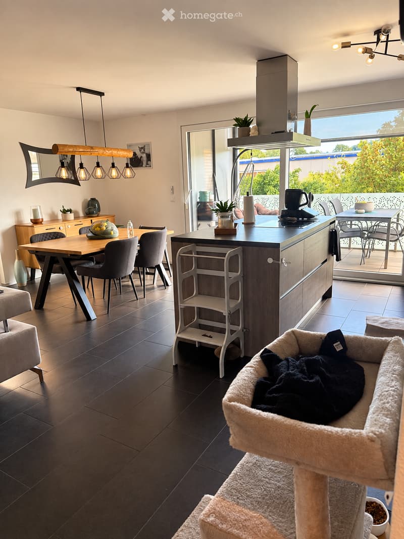 {"type": "Furnished Room", "objects": ["dining table", "chair", "cat tree", "cat bed", "cat food bowl", "kitchen island", "stool", "stool chair", "stool chair", "stool chair", "stool chair", "stool chair", "stool chair", "stool chair", "stool chair", "sto