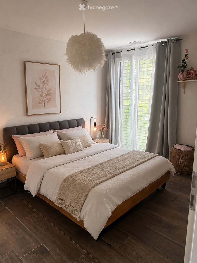Cozy bedroom with a wooden bed, multiple pillows, a beige throw, nightstands with lamps, a large window with grey curtains, and decorative items including a picture frame and a wicker basket.