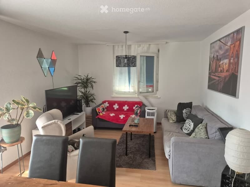 Modern living room with a grey sectional sofa, red throw blanket, wooden coffee table, white armchair, TV stand, and decorative plants.