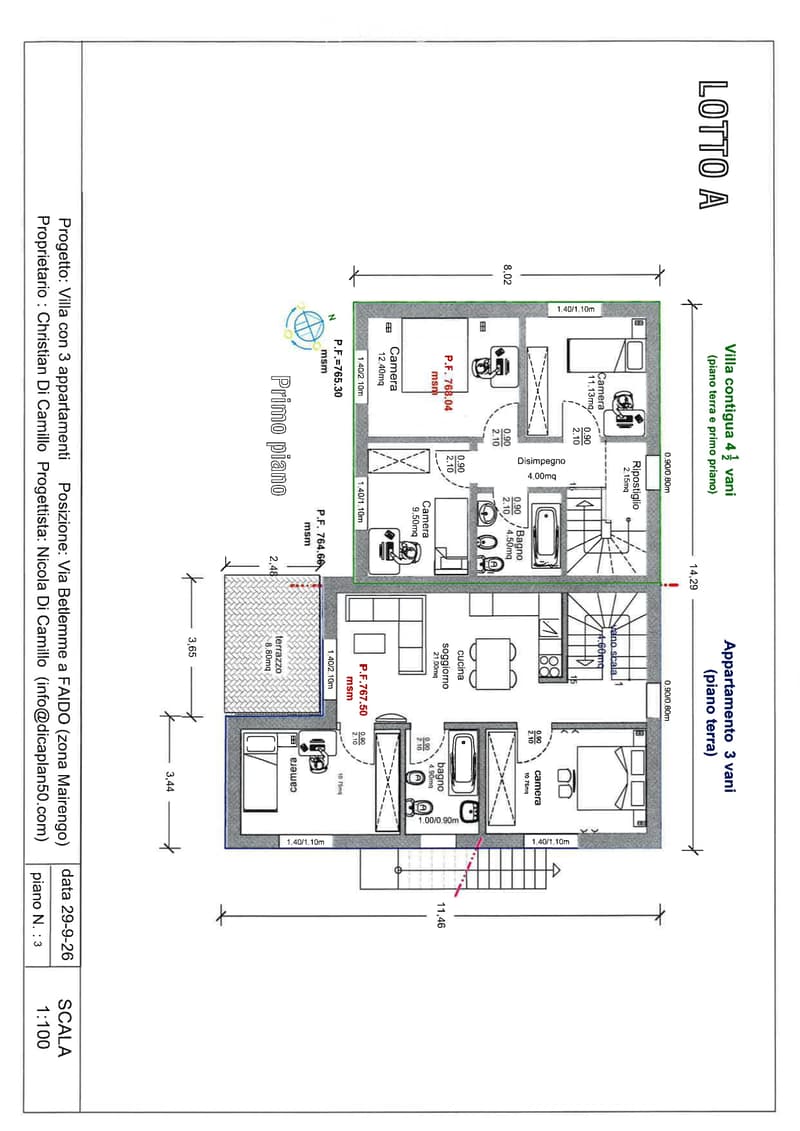 Floor plan showing three apartments on the ground floor of Villa Contigua 4, including living rooms, bedrooms, bathrooms, kitchen, and entrance areas.