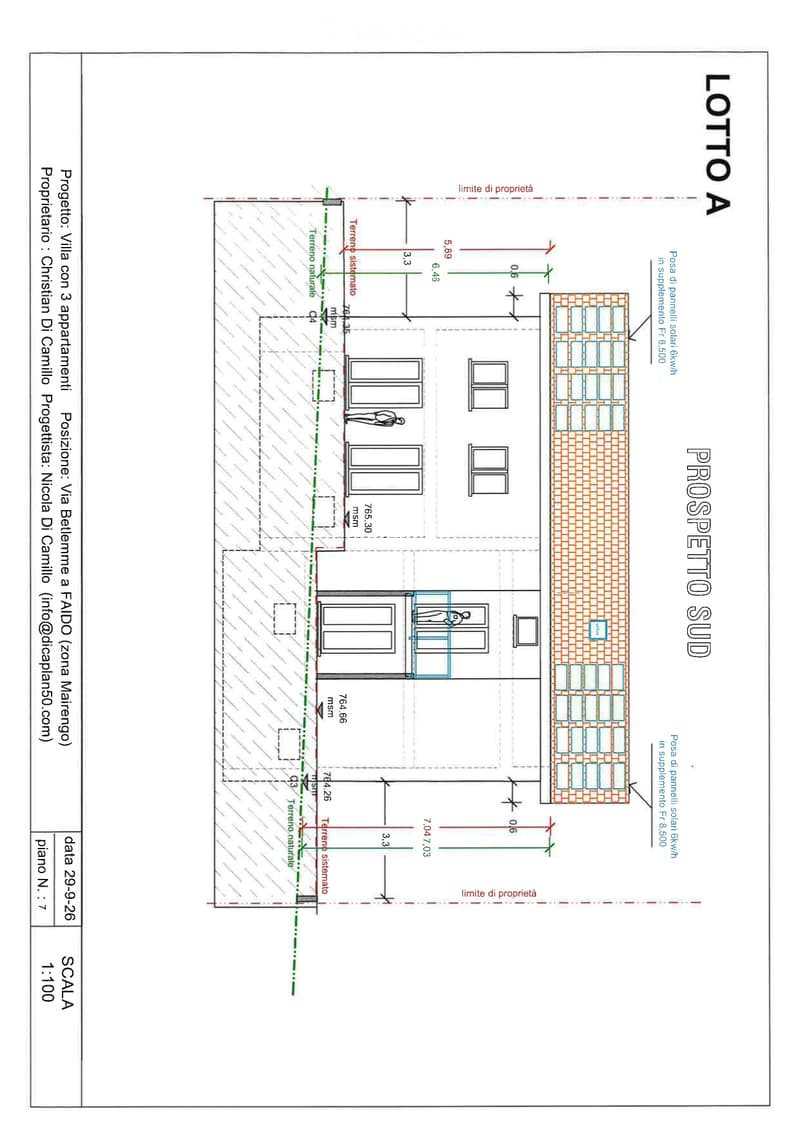 Floor plan of a villa with three apartments, showing layout, dimensions, and property boundaries.