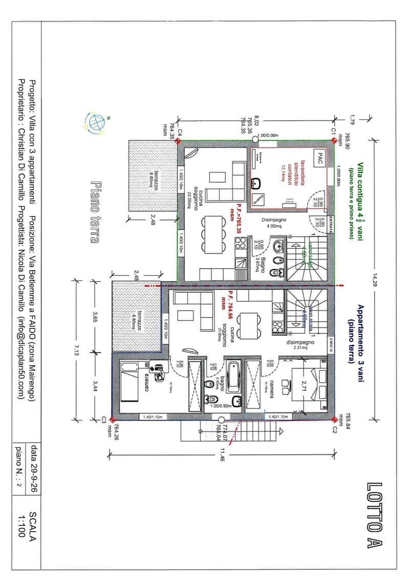 Floor plan of a villa with three apartments, including living room, kitchen, bedrooms, bathrooms, and terraces.
