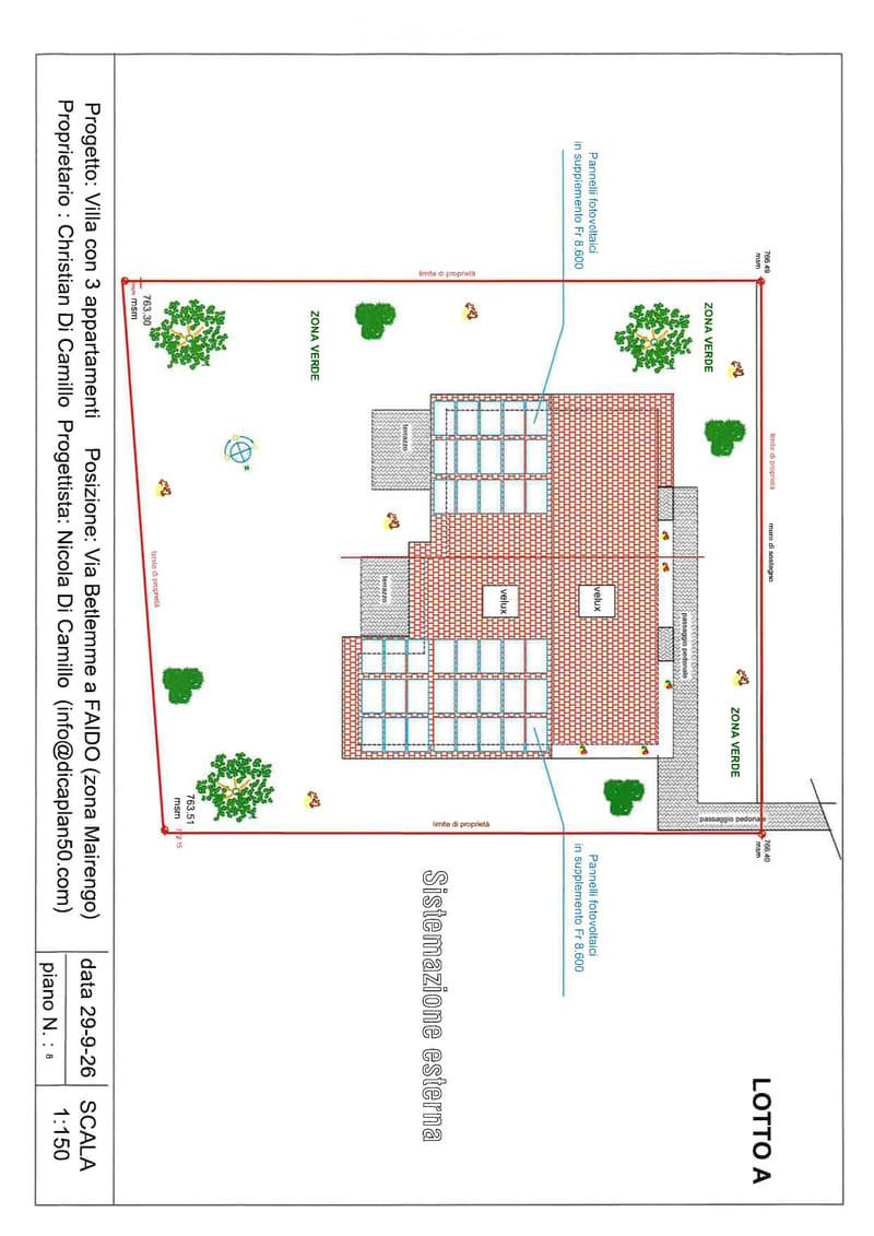 Floor plan of a residential property with three apartments, labeled 'Proprietario: Villa con 3 appartamenti. Progetto: Nicola Bettemello (info@plan50.com)'. The layout includes green zones, pedestrian pathways, and labeled sections such as 'ZONA VERDE' an