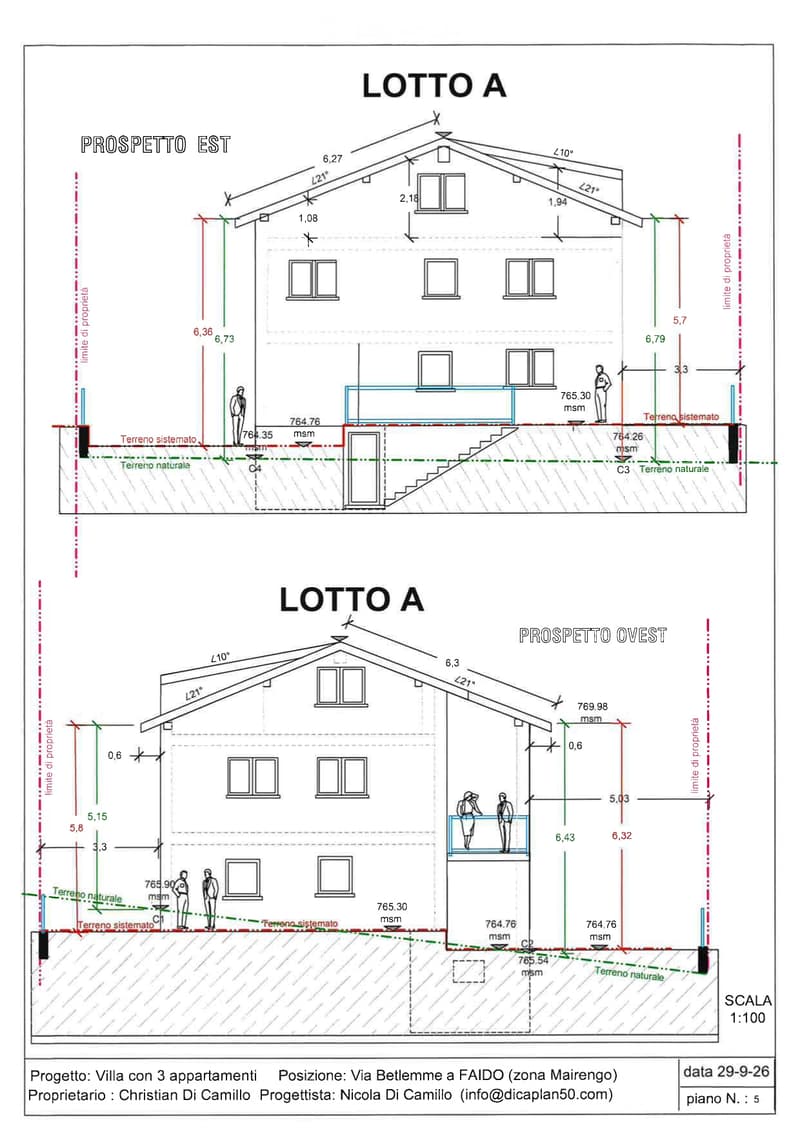 Architectural floor plan of a villa with three apartments, showing elevations from east and west perspectives, including roof angles, window placements, and property boundaries.