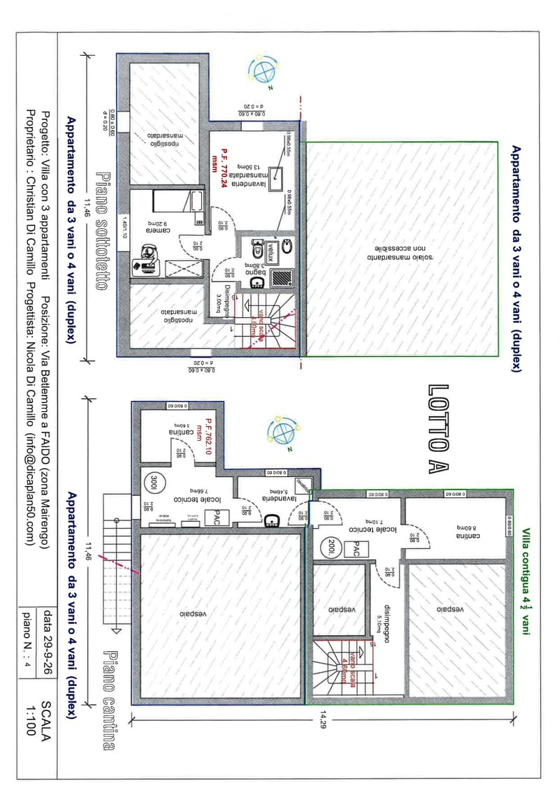 Floor plan of a duplex apartment with three bedrooms, four bathrooms, and a contiguous villa. Includes living room, kitchen, and entrance area.